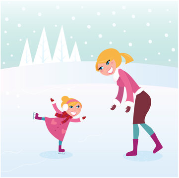 Mother carying about her child on ice. Vector Illustration.