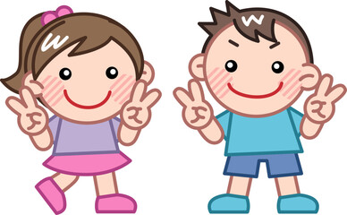 ピースサインをするかわいい男女のこども