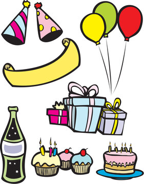 Birthday party set with cake, soda and balloons.