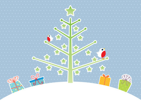 Cute Christmas tree background with robin red breast and gifts