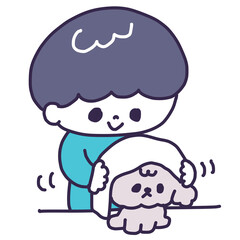 かわいいトイプードルの子犬をタオルで拭いている若い男性のイラスト