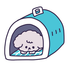 クレートに入って横になっているかわいいトイプードルの子犬のイラスト（しつけ）