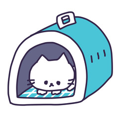クレートに入って横になっているかわいい白い色の子猫のイラスト（しつけ）