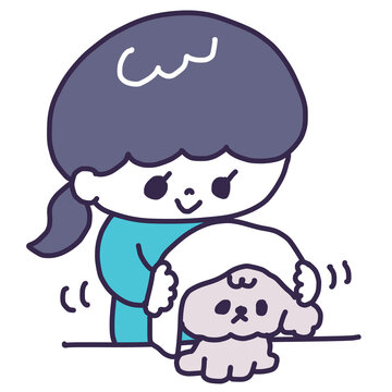 かわいいトイプードルの子犬をタオルで拭いている若い女性のイラスト