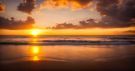 Fototapeta na wymiar Beach scene at dusk, where the setting sun casts a warm glow over the tranquil waters. Generative AI