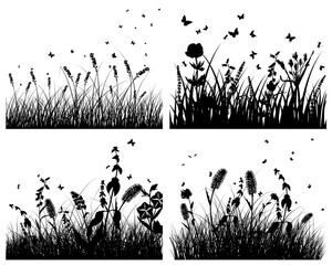 Set of four vector grass silhouettes backgrounds