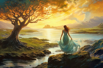 Fototapeta na wymiar Woman in dress standing at shore of lake water looking out at sunrise. Generative AI