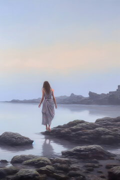 Woman walking on rocky seashore in misty overcast early morning dawn, Celtic. Generative AI