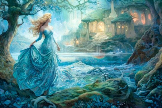 Ethereal woman in a blue dress in a fairy landscape, magical, Celtic. Generative AI