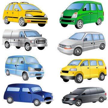 Vector illustration of different minivan cars isolated on white background.