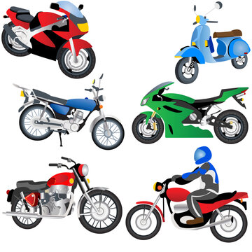 Vector illustration of different motorcycles isolated on white background.