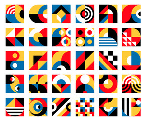 Bauhaus elements with abstract geometric patterns and modern tiles, vector backgrounds. Geometric shape elements for Bauhaus pattern of square, circle and triangle mosaic and vintage art colors