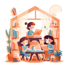 activities of school students studying together at home