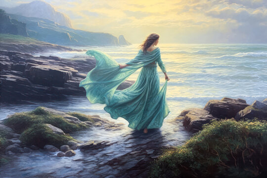 Woman in wind blown green dress at seashore, early morning, Celtic. Generative AI