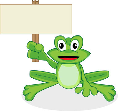Vector illustration of a cute happy looking tiny green frog with big eyes. No gradient. Place your text in the empty sign.