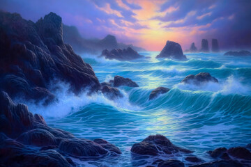 Fototapeta na wymiar Ocean waves crashing on the rocky shore in the early morning misty fog dawn, blue purple cool colors, landscape painting, seascape, Celtic, Ireland. Generative AI