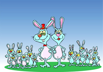 Obraz premium happy large family of rabbits (male, female and children)
