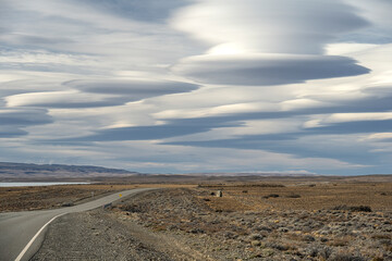 Lenticular clouds over Route 40, next to Lake Viedma in Santa Cruz, Patagonia Argentina.
