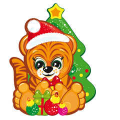 Naklejka premium Tiger in the Santa hat with presents
