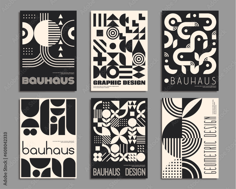 Aufkleber Monochrome bauhaus posters with geometric abstract patterns. Modern minimal background of black and white geometry shapes. Circles, triangles and squares, wavy and cross lines creative patterns set