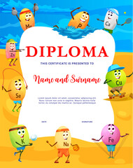 Obraz na płótnie Canvas Kids diploma with vitamin and micronutrient characters on summer beach, vector education certificate. Cartoon micronutrient vitamin pills playing basketball or volleyball and swim on summer vacations
