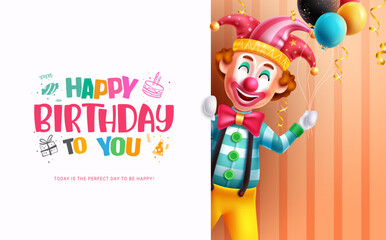 Happy birthday text vector template. Birthday greeting card with colorful clown mascot funny and happy character. Vector illustration party invitation dedication card.  