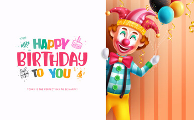 Naklejka premium Happy birthday text vector template. Birthday greeting card with colorful clown mascot funny and happy character. Vector illustration party invitation dedication card. 