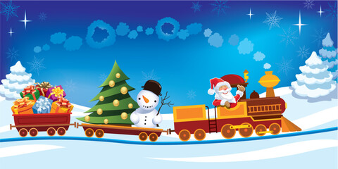 Santa Claus in a toy train with gifts, snowman and christmas tree.