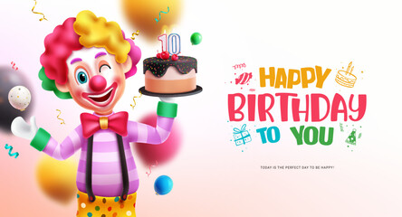 Fototapeta premium Happy birthday text vector design. Birthday clown and mascot character holding party cake with happy facial expression. Vector illustration greeting and invitation card. 