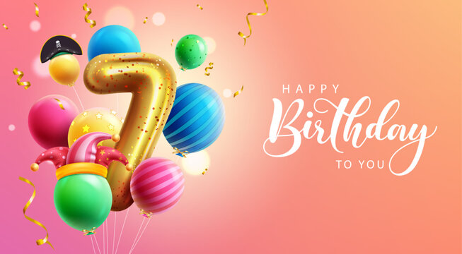 Happy 7th birthday vector design. Birthday greeting text in empty space with colorful balloon bunch elements.  Vector illustration invitation card for 7th bday background. 