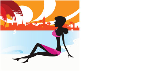 Sexy woman silhouette and sunny beach island sunset. Stylized vector Illustration in retro style.