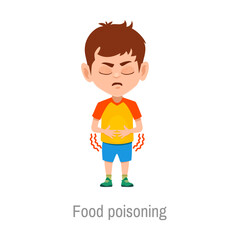 Obraz premium Child food poisoning disease. Isolated vector sick boy with stomach growls illness symptoms. Little kid suffer of belly ache, diarrhea, abdomen infection