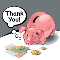 Piggy Bank with Text Bubble, Coins and Banknotes. Vector Illustration