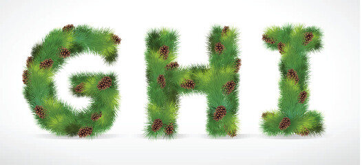 GHI, vector christmas tree font with green fir