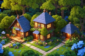 Obraz na płótnie Canvas 3D Blender Render of a Tiny and Cute Isometric Cottage with Intricate Details and Soft Colors, Surrounded by Trees and Flowers in a Fantasy Woodland, Fantasy Art by Generative AI 28