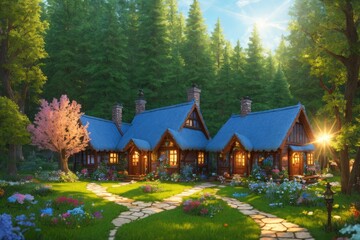 Fototapeta na wymiar 3D Blender Render of a Tiny and Cute Isometric Cottage with Intricate Details and Soft Colors, Surrounded by Trees and Flowers in a Fantasy Woodland, Fantasy Art by Generative AI 22