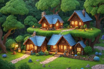 Obraz na płótnie Canvas 3D Blender Render of a Tiny and Cute Isometric Cottage with Intricate Details and Soft Colors, Surrounded by Trees and Flowers in a Fantasy Woodland, Fantasy Art by Generative AI 11