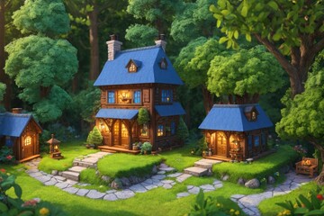 Obraz na płótnie Canvas 3D Blender Render of a Tiny and Cute Isometric Cottage with Intricate Details and Soft Colors, Surrounded by Trees and Flowers in a Fantasy Woodland, Fantasy Art by Generative AI 7