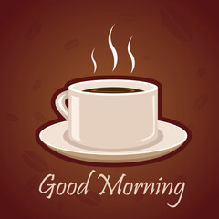 illustration of good morning card with hot coffee on white background