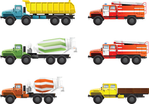 Vector color illustration of  trucks. (mixing truck, dump-truck  and  fire engine)