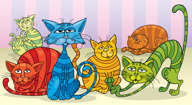 funny color cats group cartoon illustration