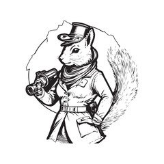 anthropomorphic squirrel, vintage logo line art concept black and white color, hand drawn illustration