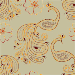 vector seamless pattern with peacocks and cherry blossom. clipping mask