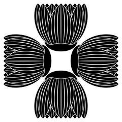 Square cross shape ornament with four stylized lotus flowers. Ancient Egyptian floral motif. Black and white silhouette.