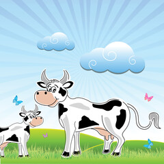 illustration of sketchy cow with mammal in field