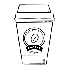 モノクロ　手描きの紙カップのコーヒー