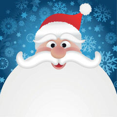 Cartoon Santas face on a snowflake background