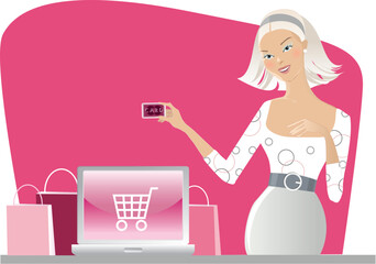 Vector illustration of a woman shopping on interninet