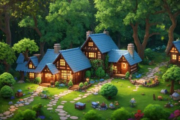 Obraz na płótnie Canvas 3D Blender Render of a Tiny and Cute Isometric Cottage with a Thatched Roof and a Chimney, Nestled in a Lush and Mystical Forest with Soft Colors and Lighting, Fantasy Art by Generative AI 9