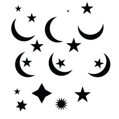 Moon icon. Black moon and stars in flat design
